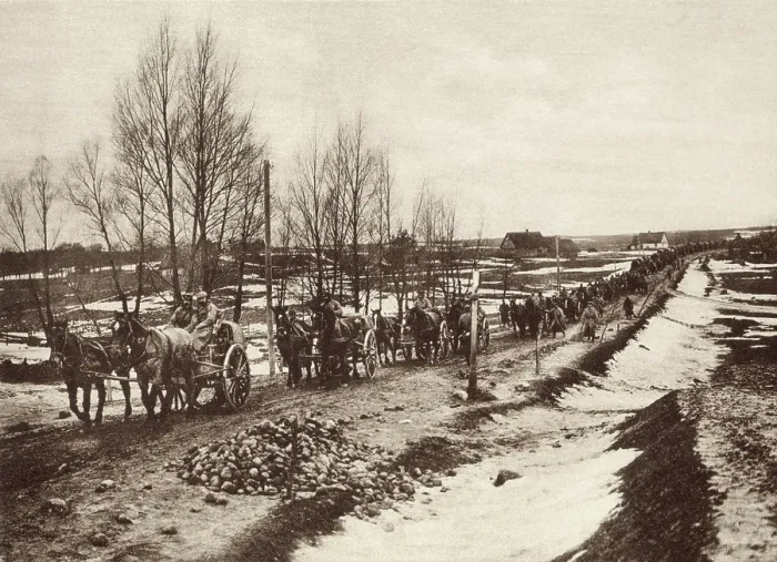 Framed Print : World War 1. German transport column, miles in length, advancing over the Russian plains in early spring, with snow still clinging in patches to the ground Framed Print : World War 1. German transport column, miles in length, advancing over the Russian plains in early spring, with snow still clinging in patches to the ground
