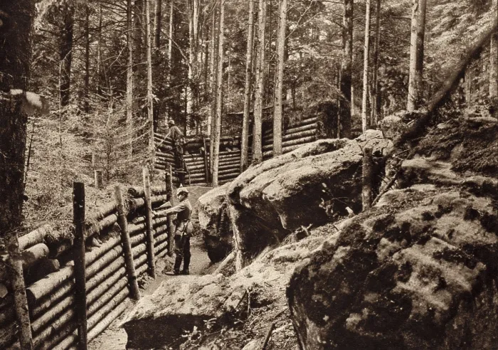 Framed Print : World War 1. A German trenches in the Vosages Mountains. They incorporated boulders and logs in their defensive structures. Ca. 1914-18 Framed Print : World War 1. A German trenches in the Vosages Mountains. They incorporated boulders and logs in their defensive structures. Ca. 1914-18