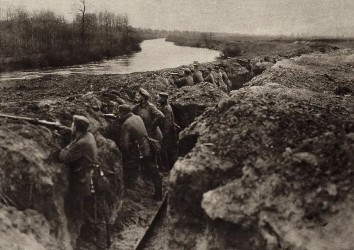 Framed Print : World War 1. German troops holding a first-line trench on the river bank