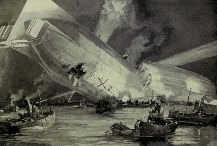 Framed Print : World War 1. German Zeppelin L15crashed in the Thames estuary after it was downed by a British airman. The dirigible broke in the middle and fell into the sea Framed Print : World War 1. German Zeppelin L15crashed in the Thames estuary after it was downed by a British airman. The dirigible broke in the middle and fell into the sea