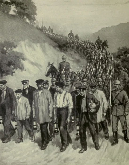Framed Print : World War 1. Germans using Belgian civilians as human shields. Ten miners returning from work were made to march at the head of the German column as it invaded a Belgian town Framed Print : World War 1. Germans using Belgian civilians as human shields. Ten miners returning from work were made to march at the head of the German column as it invaded a Belgian town