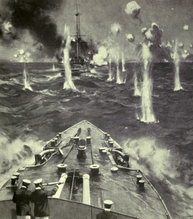 Framed Print : World War 1. The H.M.S. Triumph, following another battleship, up the Dardanelles Straits behind minesweepers and under heavy shell fire from Turkish land forts