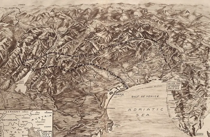 Framed Print : World War 1 on the Italian-Austrian front. Map shows battle fronts of the furthest Austrian advance into Italy gained by the Battle of Caporetto in Oct 1917