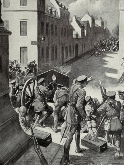 Framed Print : World War 1. At Landrecies, France, British machine guns fire on a German column advancing in a narrow street Framed Print : World War 1. At Landrecies, France, British machine guns fire on a German column advancing in a narrow street