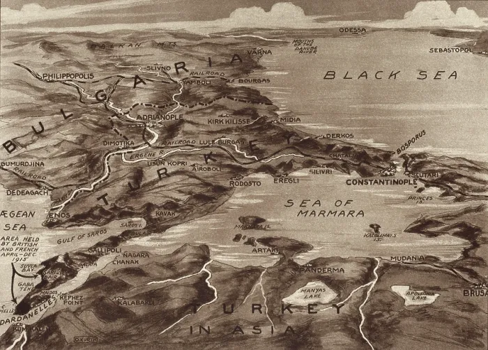 Framed Print : World War 1. Map of the Dardanelles, noting the small the area held by Britain and France at the lower left. 1915