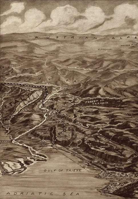 Framed Print : World War 1 map showing the point on the Carso Plateau reached by the Italian forces under General Cadorna in 1917