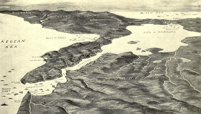 Framed Print : World War 1. Map of the Turkish Straits of the Dardanelles with the British fleet at the far right