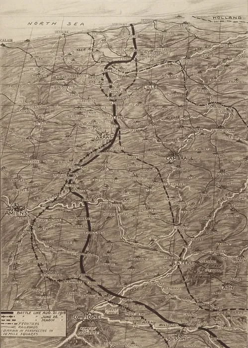 Framed Print : World War 1. Map of the Western Front during the German Spring Offensive of 1918. The solid dark line marks the German position on August 21 Framed Print : World War 1. Map of the Western Front during the German Spring Offensive of 1918. The solid dark line marks the German position on August 21
