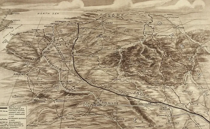 Framed Print : World War 1. Map of the Western Front showing the position of the opposing forces on Nov. 4, 1918, seven days before the armistice was signed