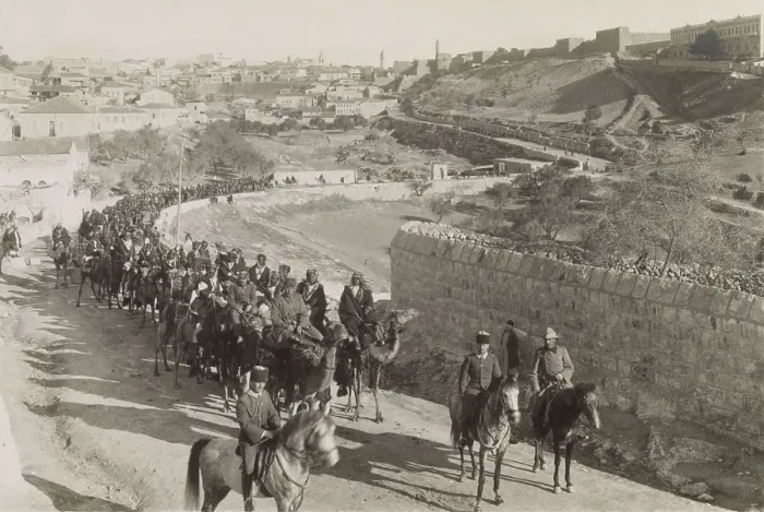 Framed Print : World War 1 in the Middle East. Volunteer Arab Camel Corps from South Arabia fighting with Turkish forces leaving Jerusalem for the battle front in Palestine. 1916