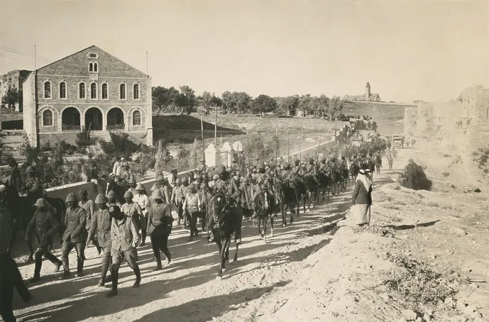 Framed Print : World War 1 in the Middle East. British Empire Indian Lancers guard Turkish officers and men captured in the Battle of Jericho, Feb. 19-21, 1918. (BSLOC_2013_1_74)