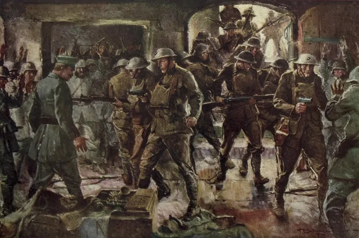 Framed Print : World War 1. Painting depicting British soldiers surprising German troops in their bunker. Ca. 1915-1918 Framed Print : World War 1. Painting depicting British soldiers surprising German troops in their bunker. Ca. 1915-1918