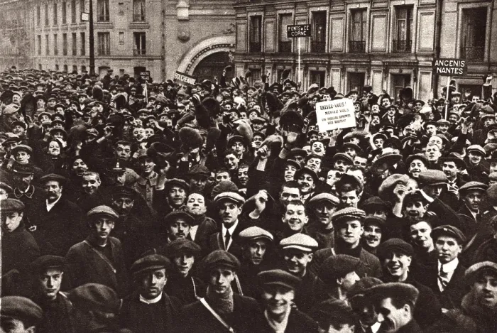 Framed Print : World War 1. Paris on the day Germany declares war on France. Young men, some only 17, gathered at the Montparnasse Station in Paris. August 3, 1914