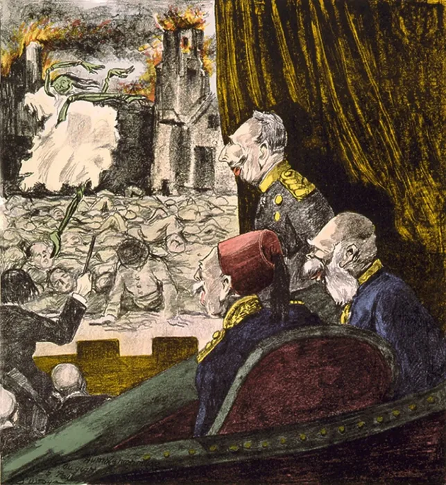 Framed Print : World War 1 political cartoon. Les vieux abonnés (The Old Spectators) by DOstoya, 1916