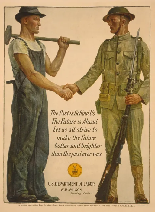 Framed Print : World War 1 poster of solidarity between solders and workers. 1918. Poster reads, The past is behind us, the future is ahead