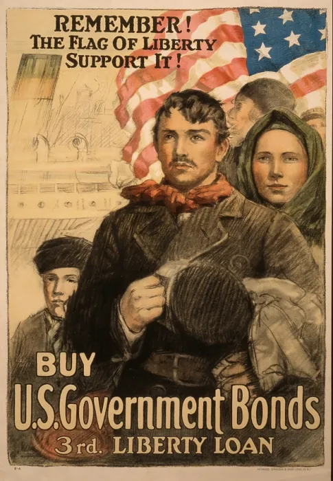 Framed Print : World War 1 poster urging immigrants to by Liberty Bonds in 1917. Poster reads, Remember! The flag of liberty--Support it! Buy U.S