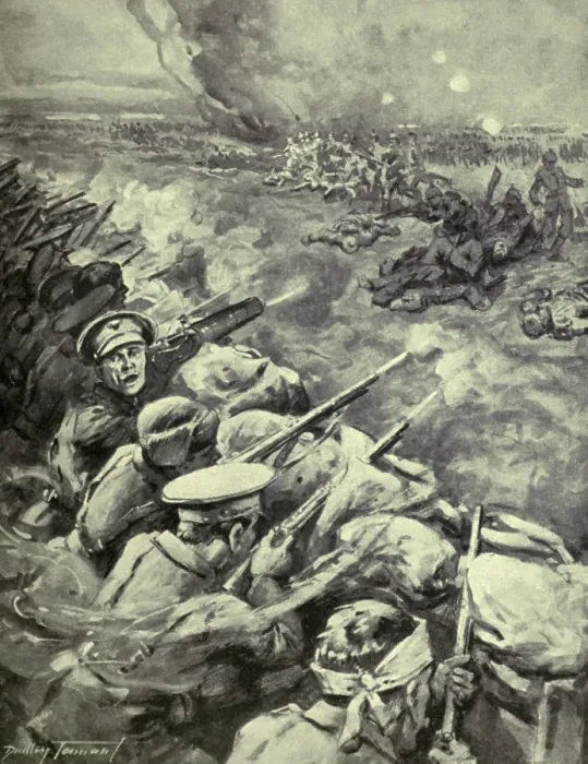 Framed Print : World War 1. Propagandistic British illustration of a German counter-attack on the British occupied Hohenzollern Redoubt, an extension of the Battle of Loos (Sept. 25-Oct)