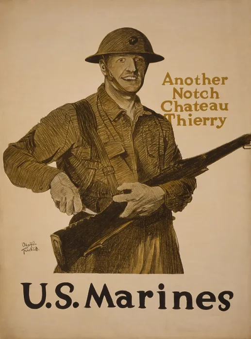 Framed Print : World War 1. Recruiting poster. Another notch, Chateau Thierry-U.S. Marines. U.S. Marines won the Battle of Chateau-Thierry, on July 18, 1918