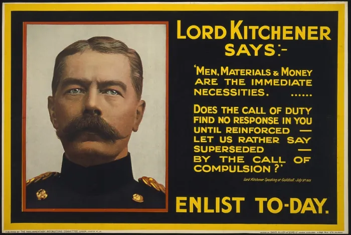 Framed Print : World War 1. Recruiting poster showing British War Minister, Lord Kitchener and two quotes from him. 1915