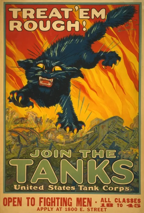 Framed Print : World War 1. Recruiting poster for the United States Tank Corps. Poster shows a black cat with fangs and claws leaping above a battlefield with tanks. 1917