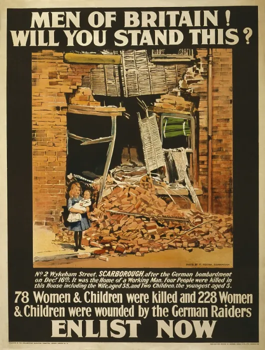 Framed Print : World War 1. Recruitment poster showing a little girl holding a baby outside a bomb-damaged building