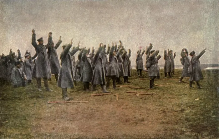 Framed Print : World War 1. Russian rear guard surrenders to the Germans after the fall of Warsaw in May 1915