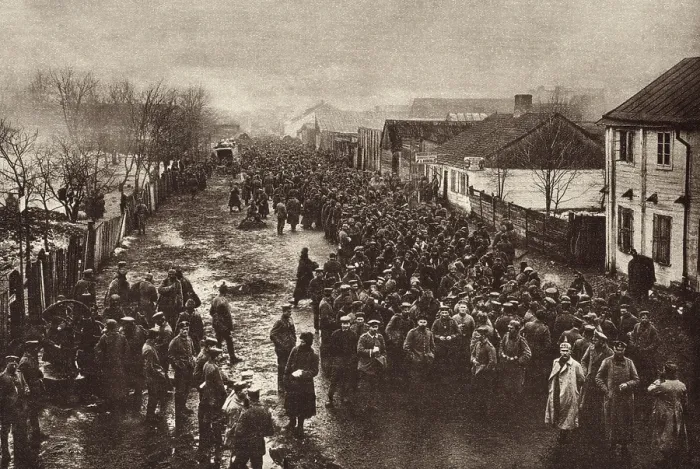 Framed Print : World War 1. Russian soldiers captured by the Germans at Tannenberg passing through a border town on the way to detention camps in Germany Framed Print : World War 1. Russian soldiers captured by the Germans at Tannenberg passing through a border town on the way to detention camps in Germany