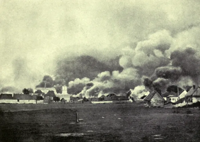 Framed Print : World War 1. Russian village on the Eastern front burning. German invaders fired many towns on the Eastern front. Ca. 1914-15