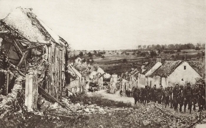 Framed Print : World War 1: Second Battle of the Marne. U.S. troops passing through a just captured town in their advance from the Marne to the Vesle, 75 miles northeast of Paris. Ca Framed Print : World War 1: Second Battle of the Marne. U.S. troops passing through a just captured town in their advance from the Marne to the Vesle, 75 miles northeast of Paris. Ca
