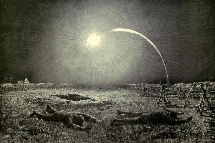 Framed Print : World War 1. Both sides launched flares between the trenches at regular intervals to illuminate no man's land to detect raiders. Ca. 1915-18