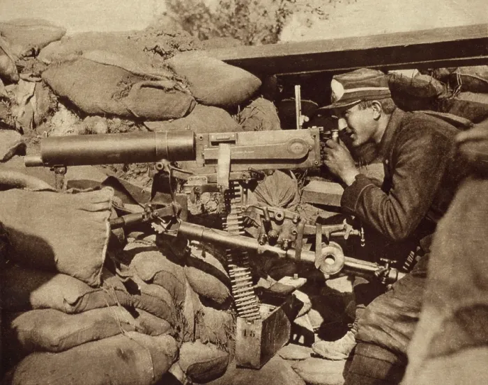 Framed Print : World War 1. Solitary Belgian soldier in an advanced post aiming a Maxim machine gun against invading Germans. 1914 Framed Print : World War 1. Solitary Belgian soldier in an advanced post aiming a Maxim machine gun against invading Germans. 1914