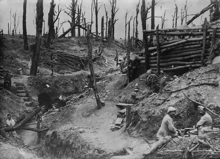 Framed Print : World War 1. Somme Offensive. A few Allied soldiers (probably French) soldiers occupy entrenchments and dugout bunkers in the shell blasted wood called Des Fermes in the Somme Framed Print : World War 1. Somme Offensive. A few Allied soldiers (probably French) soldiers occupy entrenchments and dugout bunkers in the shell blasted wood called Des Fermes in the Somme