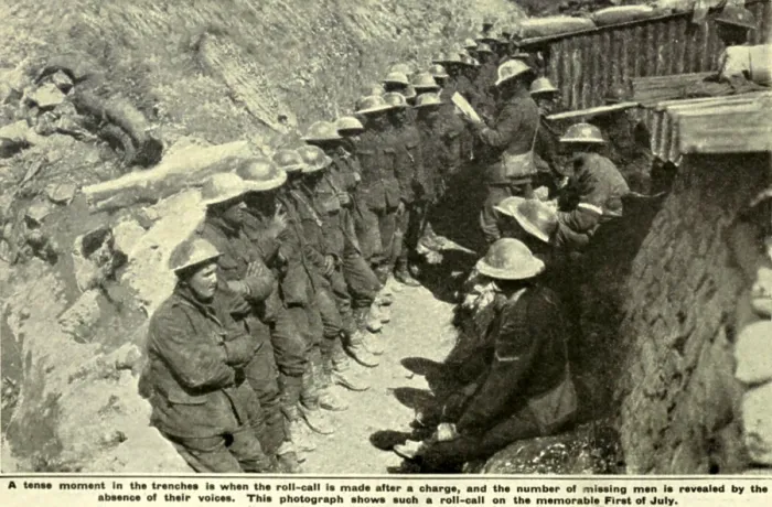 Framed Print : World War 1. Somme Offensive. A British officer takes roll call after his unit has returned from an assault on the first day of the Battle of the Somme, July 1, 1916 Framed Print : World War 1. Somme Offensive. A British officer takes roll call after his unit has returned from an assault on the first day of the Battle of the Somme, July 1, 1916