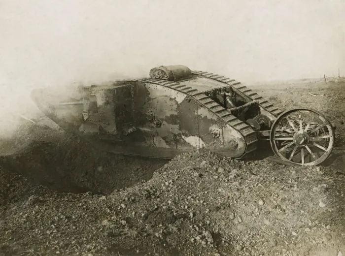 Framed Print : World War 1. Somme Offensive. One of the larger British tanks, the Mark I, spanning an enemy trench. The tank was introduced by the British on Sept