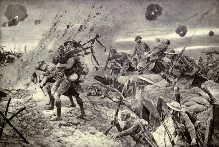 Framed Print : World War 1. Somme Offensive. Scottish Highland regiment advancing under fire during the taking of Longueval, July 28, 1916