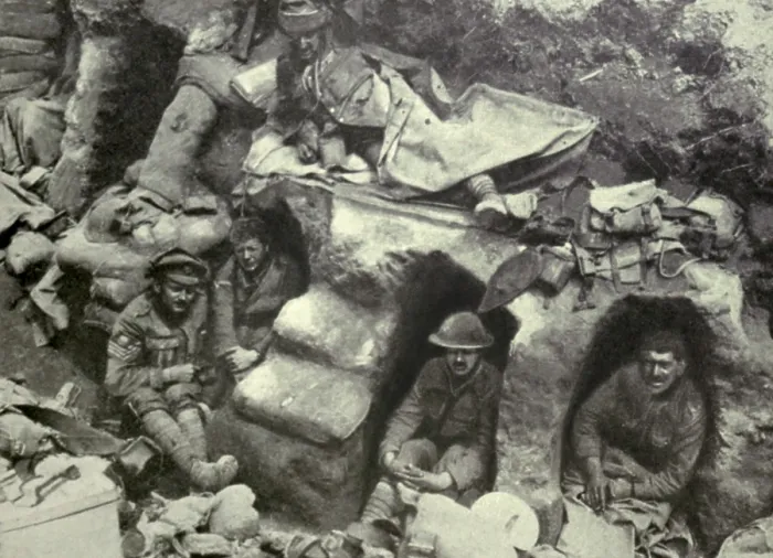 Framed Print : World War 1. Somme Offensive. Soldiers of the Border Regiment resting in shallow dugouts near Thiepval Wood. August 1916. (BSLOC_2013_1_136)