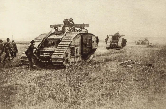 Framed Print : World War 1 Tanks. British tanks advancing in battle, leaving behind them the dead bodies of Germans who a few minutes before attacked the tank. 1917-18. (BSLOC_2013_1_154)