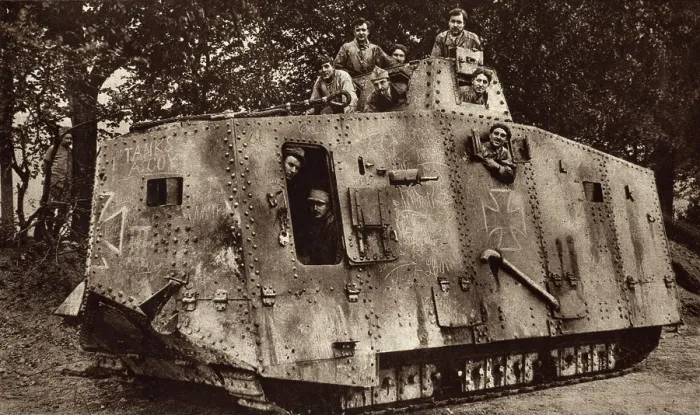 Framed Print : World War 1 Tanks. German A7V was the only tank developed by Germany and no more than 20 were built. This captured A7V tank is manned by French soldiers. Ca. 1917-18