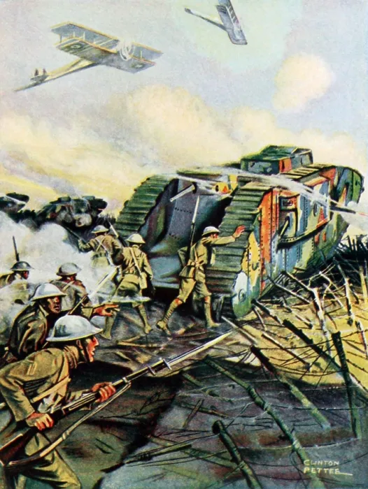 Framed Print : World War 1 Tanks. Illustration of a British tank in battle, crushing German barbed wire defenses, and sheltering British soldiers following