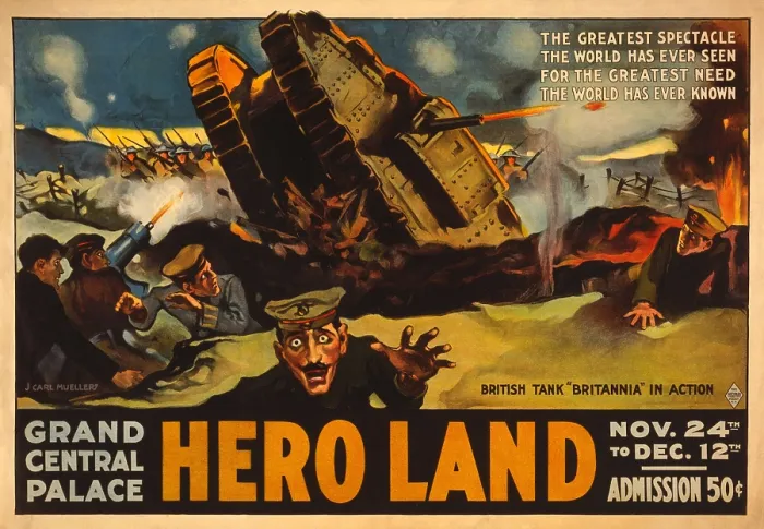 Framed Print : World War 1 Tanks. Poster advertising Hero Land, an exhibition and 16-Day Military Pageant, for the Benefit of American and Allied Relief