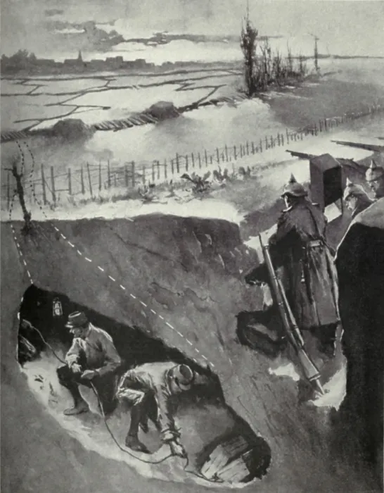 Framed Print : World War 1. A tunnel (marked by the dotted line) was dug under German trench Framed Print : World War 1. A tunnel (marked by the dotted line) was dug under German trench
