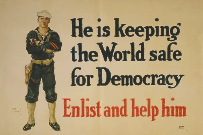 Framed Print : World War 1. U.S. Navy recruiting poster reads, He is keeping the world safe for democracy. Enlist and help him. Ca. 1916-1918