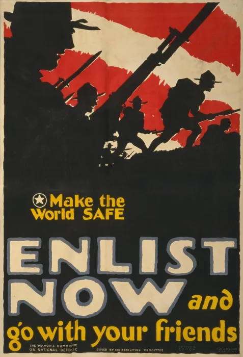 Framed Print : World War 1. U.S. recruiting poster shows troops with bayonets rushing over a hill and reads, Make the world safe--Enlist now and go with your friends'. 1917