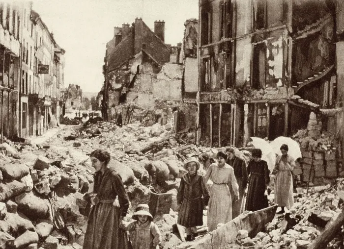 Framed Print : World War 1. Women and children who had been hiding in the cellars of Chateau-Thierry, France, emerging after the Allies liberated the city in July 1918. (BSLOC_2013_1_186)
