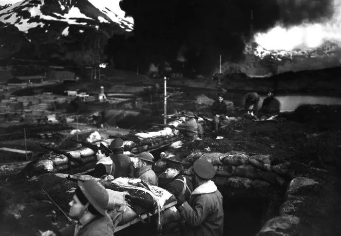 Framed Print : World War 2 battle in the Aleutian Islands. U.S. Marines on the alert between attacks on Dutch Harbor, June 3, 1942