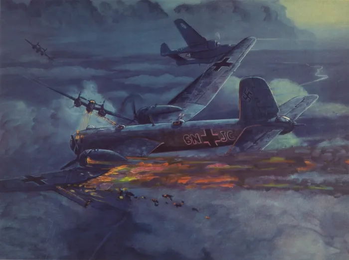 Framed Print : World War 2 German heavy bomber in flight with wing on fire. Heinkel HE - 177 Heavy Bomber is under attack by three U.S. Air Force planes. Reproduction of a painting by Charles H