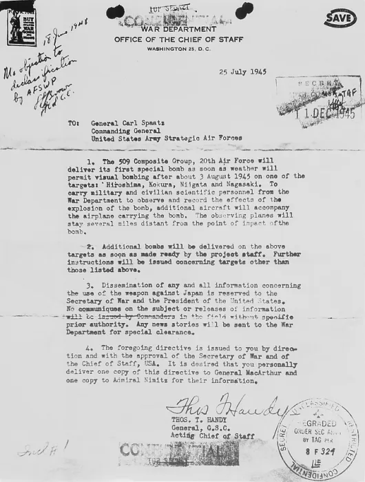 Framed Print : World War 2 letter received from General Thomas Handy to General Carl Spaatz authorizing the dropping of the first atomic bomb. July 25, 1945
