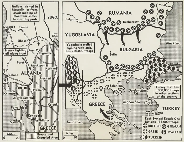 Framed Print : World War 2 map of Greece and the Balkans in 1941. Symbols show the positions of British, German, Greek, Italian, and Turkish Troops in 1941. (BSLOC_2013_14_9) Framed Print : World War 2 map of Greece and the Balkans in 1941. Symbols show the positions of British, German, Greek, Italian, and Turkish Troops in 1941. (BSLOC_2013_14_9)