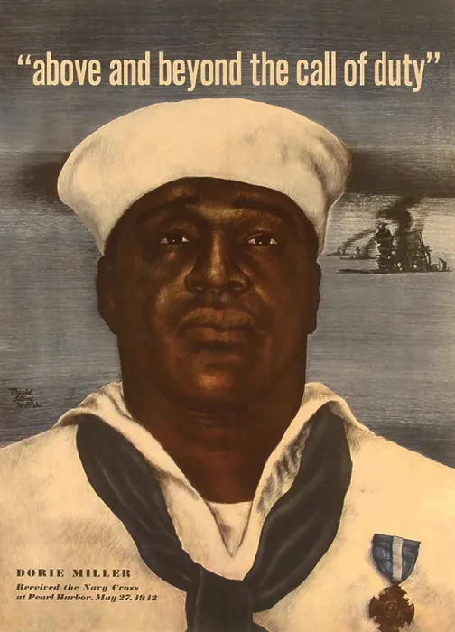 Framed Print : World War 2 poster with a portrait of Doris Dorie Miller. He was awarded the Navy Cross for heroism during attack on Pearl Harbor. (BSLOC_2013_11_152)