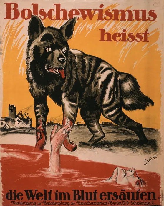 Framed Print : World War I, Bolshevism, Poster shows a wolf standing near a pool of blood with a man drowning and destroyed buildings. Text: Bolshevism means the world will drown in blood Framed Print : World War I, Bolshevism, Poster shows a wolf standing near a pool of blood with a man drowning and destroyed buildings. Text: Bolshevism means the world will drown in blood